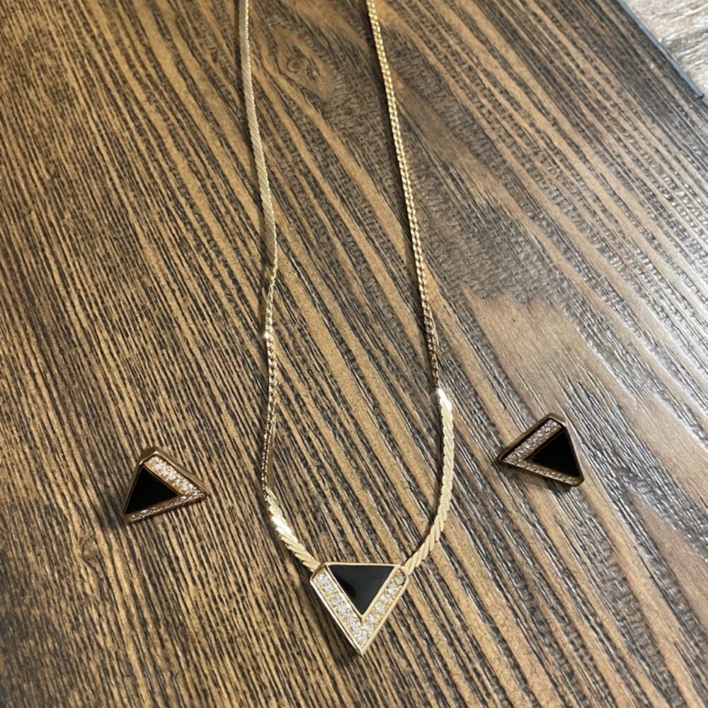 Vtg Dior Black Enamel and Crystal Triangle Necklace & Stud Earrings